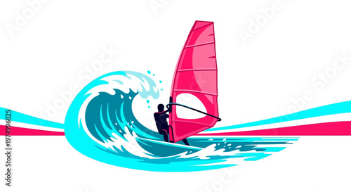Dynamic Windsurfer Riding A Stylized Wave With Vibrant Sail