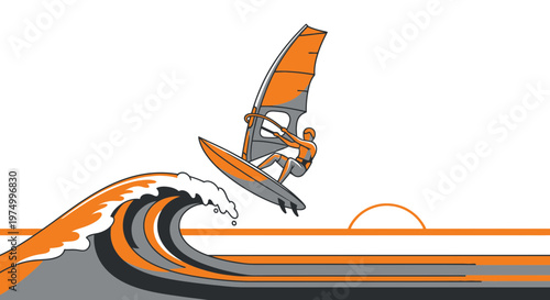 Dynamic Wind Surfer Catching A Wave On A Sunny Day