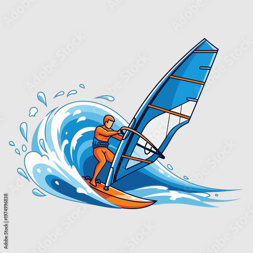 Dynamic Windsurfer Riding A Thrilling Ocean Wave Illustration