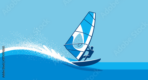Dynamic Windsurfer Riding A Wave In Bright Blue Waters