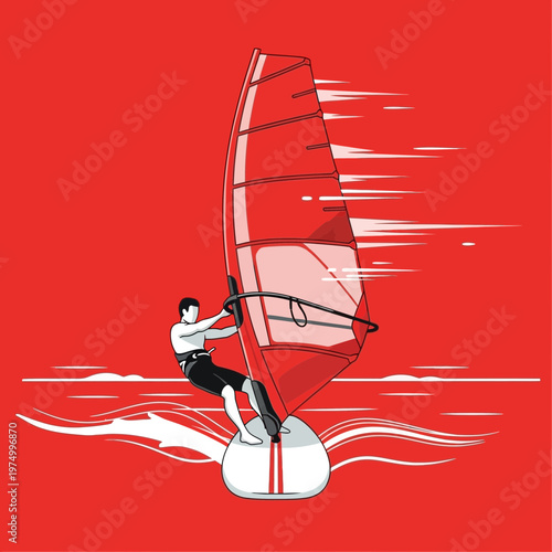 Dynamic Windsurfing Action Illustration Bold Red Background Vibrant Energy