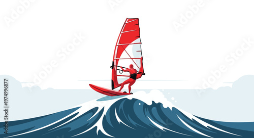 Dynamic Wind Surfer Riding A Crashing Wave With Red Sail