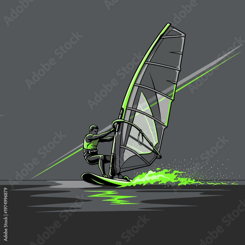 Dynamic Windsurfing Action Illustration Exuding Speed and Skill