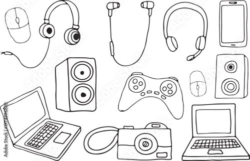 Collection of digital devices and computer accessories icons hand-drawn style computer collection illustration