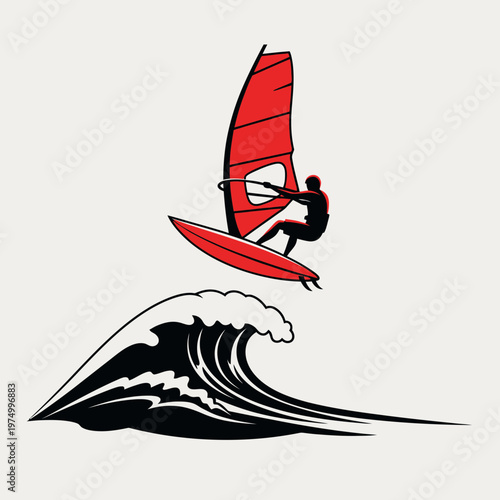 Dynamic Windsurfer Riding A Wave Sporting Adventure And Extreme Recreation