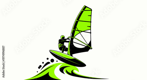 Dynamic Windsurfer Riding A Wave In Striking Neon Green And Black Design