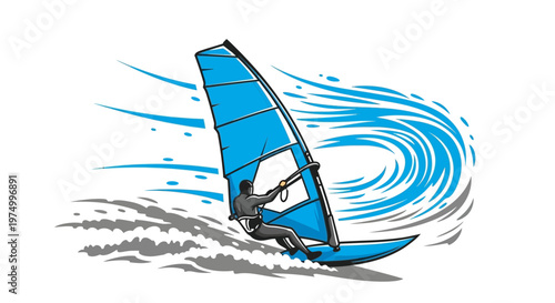 Dynamic Windsurfer Riding A Swirling Wave
