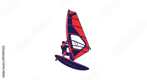 Dynamic Windsurfing Graphic Person Riding Board With Red Sail