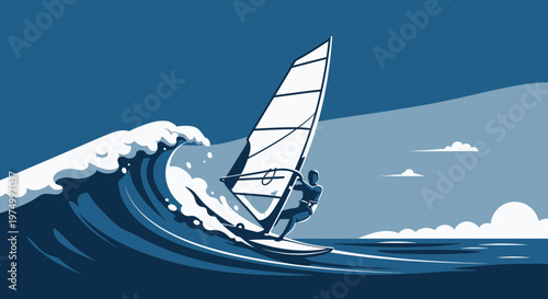Dynamic Windsurfing Action On A Crashing Wave With A Stylized Silhouette