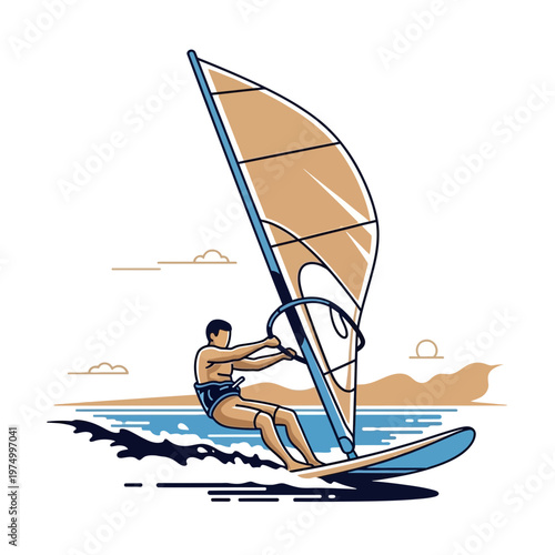 Dynamic Windsurfer Riding Waves Coastal Adventure Sports Illustration