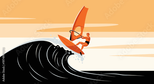 Dynamic Windsurfing Rider Catches A Cresting Wave Under A Warm Sky