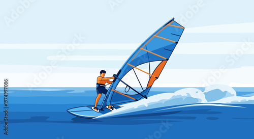 Dynamic Windsurfing Action On Bright Blue Waters