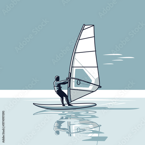 Dynamic Windsurfing Action On Calm Waters With Reflections