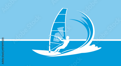 Dynamic Windsurfing Silhouette Against A Stylized Ocean Wave And Sky