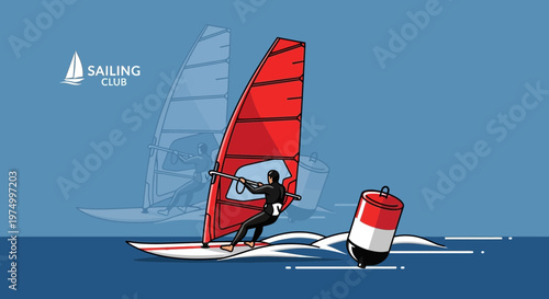 Dynamic Windsurfing Action Scene With Racing Buoy and Sailing Club Emblem