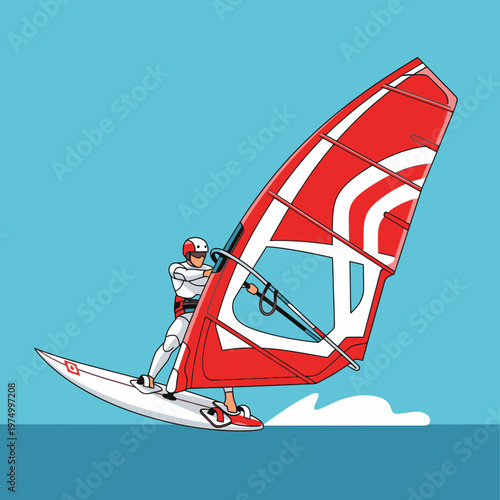 Dynamic Windsurfer Riding Waves Sporting Red Sail Against Clear Blue Sky