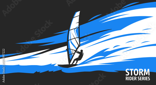 Dynamic Windsurfing Silhouette Against Abstract Blue Waves