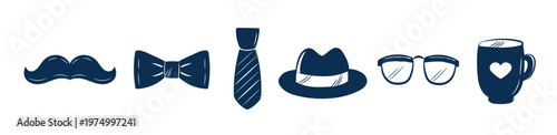 Tie, Hat, Mustache, Glasses, Mug, Bow Tie Sketch Doodle. Hand Drawn Father’s Day Icons Set. 