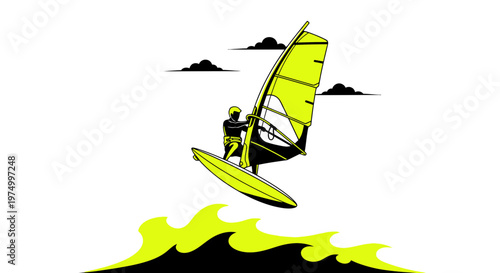 Dynamic Windsurfer Riding Waves Under Stylized Clouds