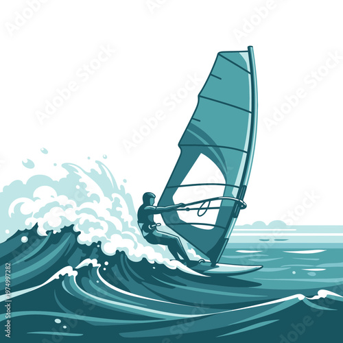Dynamic Windsurfer Riding Waves With Blue Sail and Splash