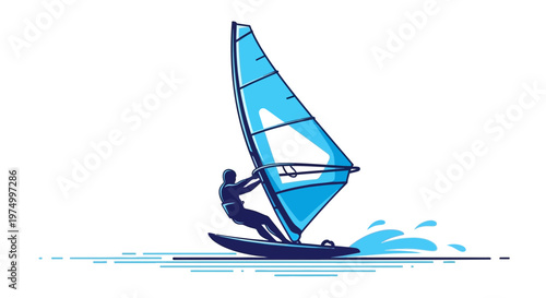Dynamic Windsurfer Riding Waves With Blue Sail Silhouette