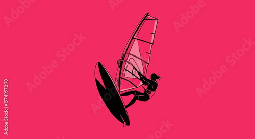 Dynamic Windsurfing Silhouette Against Vibrant Pink Background