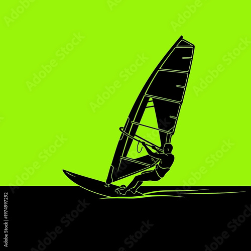 Dynamic Windsurfing Silhouette Against Vibrant Neon Green Sky