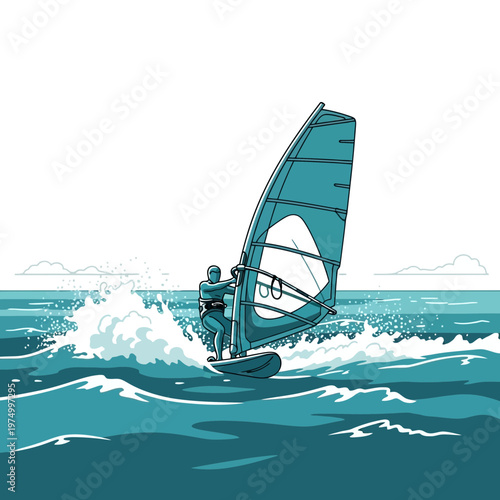 Dynamic Windsurfer Riding Waves With Blue Sail And Splashing Water