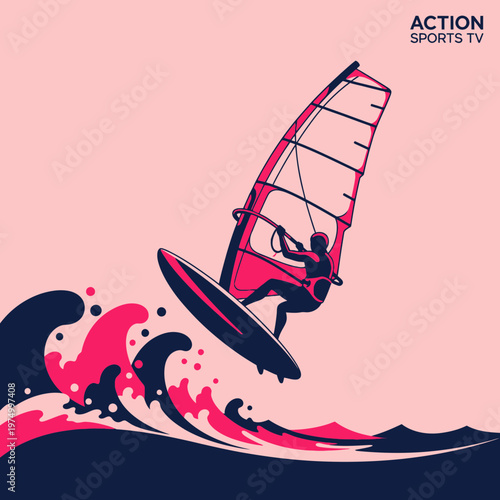 Dynamic Windsurfer Riding Waves With Sail Raised High