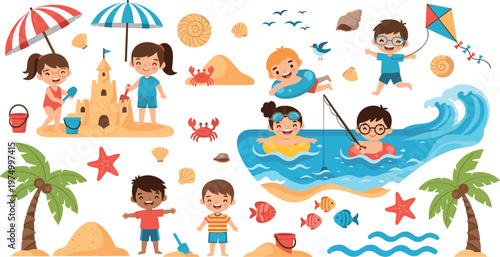 Kids summer beach activities collection with sandcastle swimming surfing kite flying cartoon children vacation illustration set