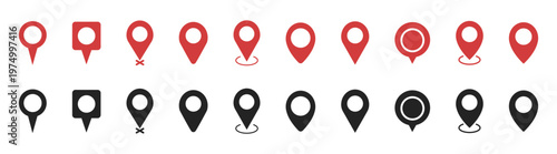 Location pin icon collection, map navigation symbols and gps markers, simple flat vector elements for interface and design isolated on transparent background