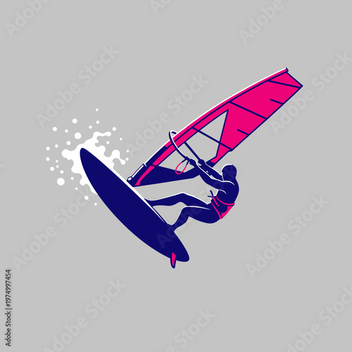 Dynamic Windsurfer Silhouette Riding Wave On Colorful Sailboard