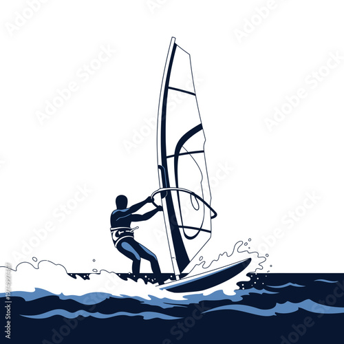 Dynamic Windsurfer Riding Waves With Speed And Skill Against White Background