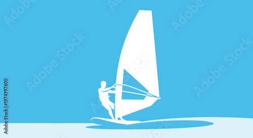 Dynamic Windsurfing Silhouette on Blue Background Action Sport Graphic