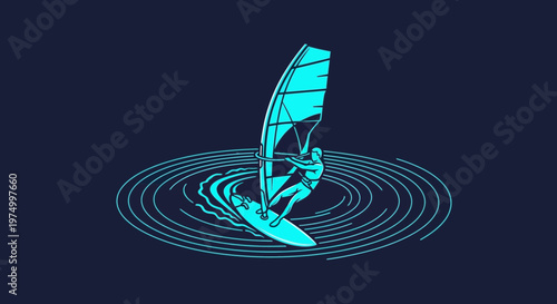 Dynamic Windsurfing Silhouette With Concentric Water Ripples
