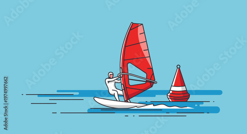 Dynamic Windsurfing Sport on Bright Blue Ocean Waters Capturing the Thrill of Sailing