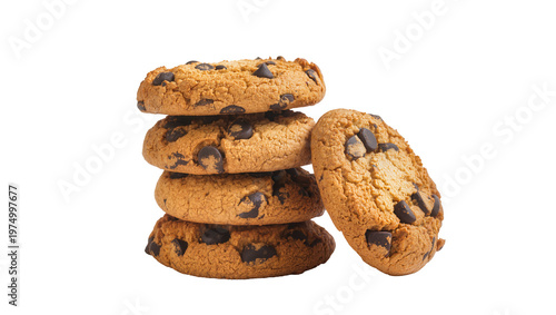 Isolated stack of delicious chocolate chip cookies, classic sweet dessert snack item