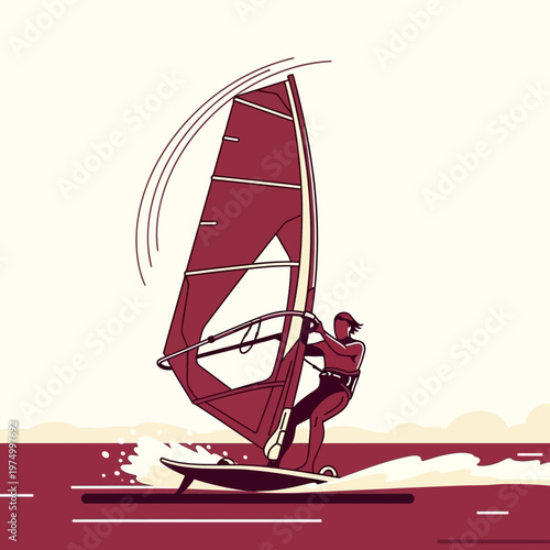 Dynamic Windsurfing Action Vector Art Illustration Captured Mid-Ride