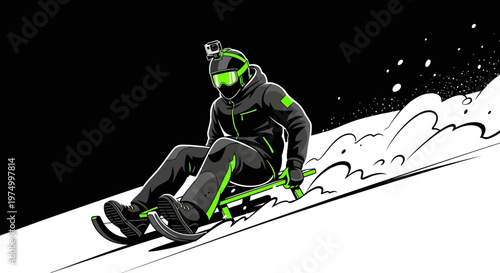 Dynamic Winter Sledding Action With Go Pro Camera Mounted On Helmet