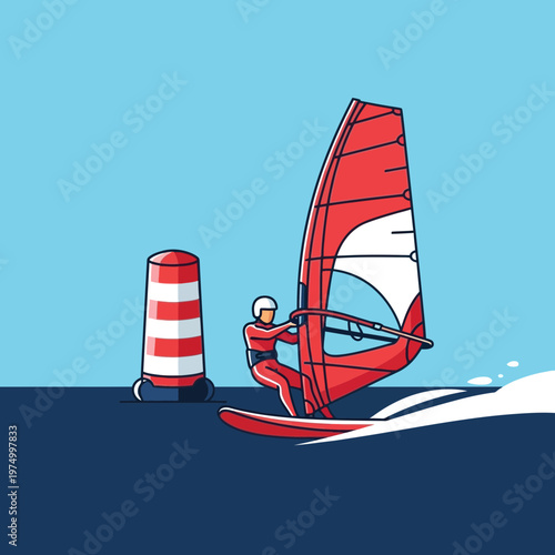 Dynamic Windsurfing Action With Colorful Sail And Buoy