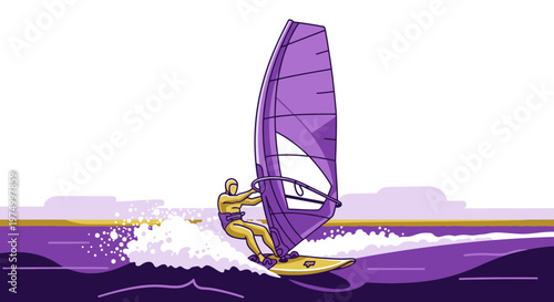 Dynamic Windsurfing Action With Purple Sail On Water
