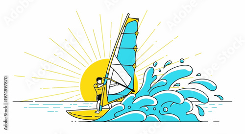 Dynamic Windsurfing Action With Sun And Waves