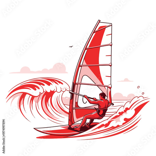 Dynamic Windsurfing Adventure Amidst Red Tides and Crashing Waves