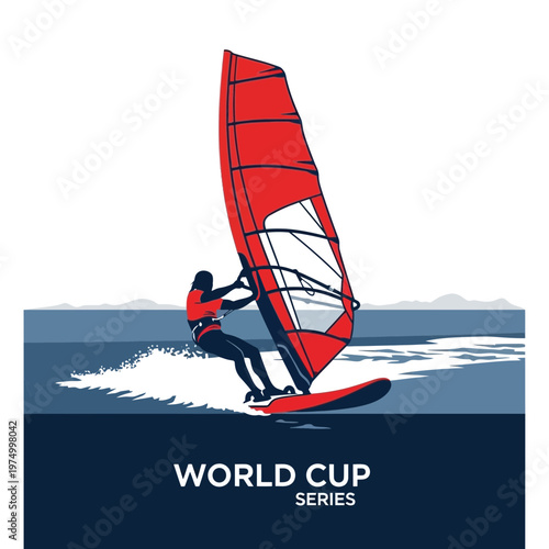 Dynamic Windsurfing Athlete Racing On Blue Waters During Competition