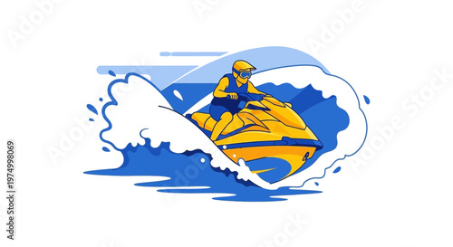 Dynamic Yellow Jet Ski Rider Surfing A Blue Wave With Splash Elements
