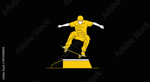 Dynamic Yellow Skateboarder Performing Extreme Jump On Black Background