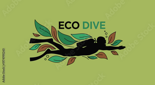 Eco Dive Concept With Diver Silhouette And Leaves