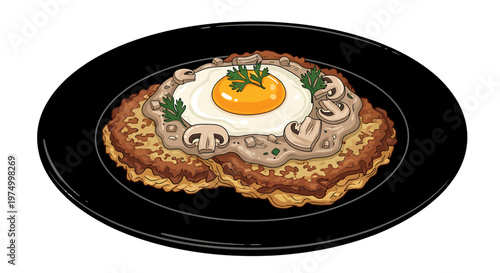 Potato pancakes with fried egg and mushroom sauce cartoon illustration