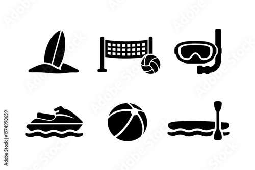 Beach water sport icons solid black icon set vector illustration