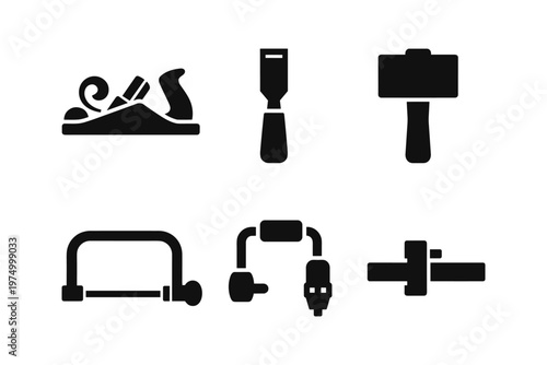Woodworking hand tools icons solid black icon set vector illustration